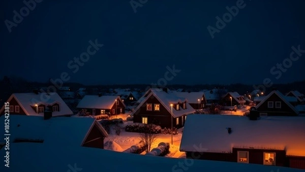 Obraz 雪に包まれた夜の住宅街
