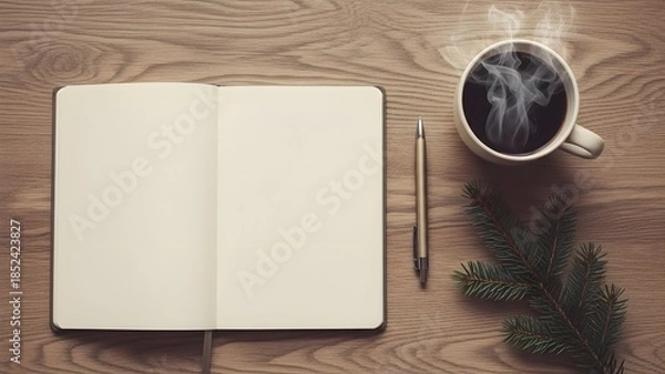 Obraz コーヒーとノートのある冬のデスク