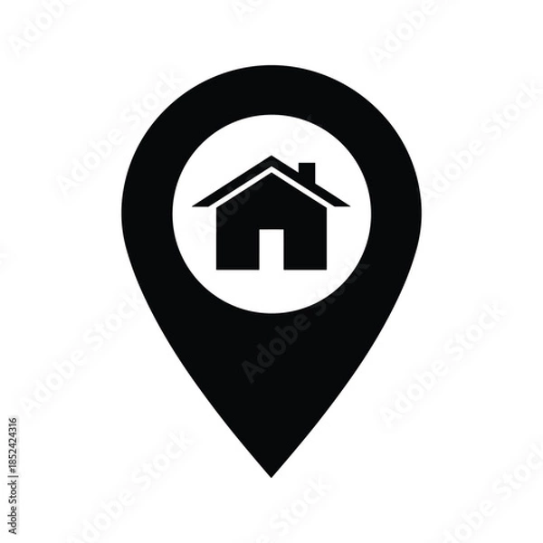 Obraz Black map pin with house icon on white background