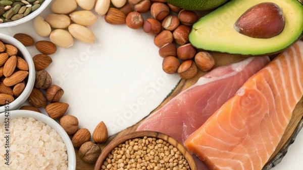 Obraz Intermittent Fasting Success Concept. Healthy fats and protein ingredients arranged in vibrant display, featuring salmon, nuts, and avocado