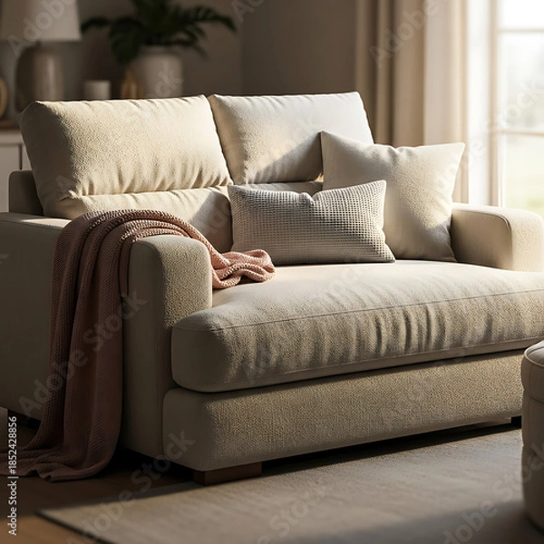 Obraz Cozy and comfortable light beige upholstered sofa with plush throw pillows and a draped pink blanket in a softly lit living room