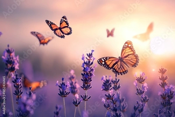 Obraz A vibrant field of purple lavender flowers with butterflies fluttering around them. The sun is setting behind a hill in the distance, casting a warm glow over the scene.