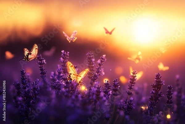 Obraz A vibrant field of purple flowers bathed in the warm glow of a setting sun, with butterflies flitting about and a serene landscape unfolding in the background.