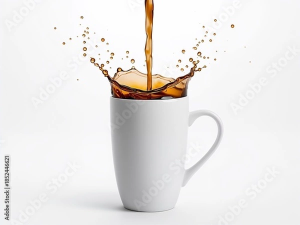 Obraz Coffee poured into white mug with splash droplets on white background, dynamic beverage action with copy space.