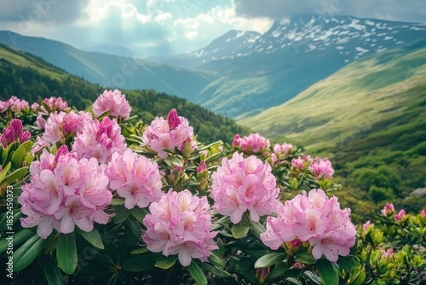 Obraz A serene landscape featuring a lush green valley nestled amidst towering mountains, with a vibrant array of pink flowers blooming in the foreground, adding a touch of color to the natural beauty.