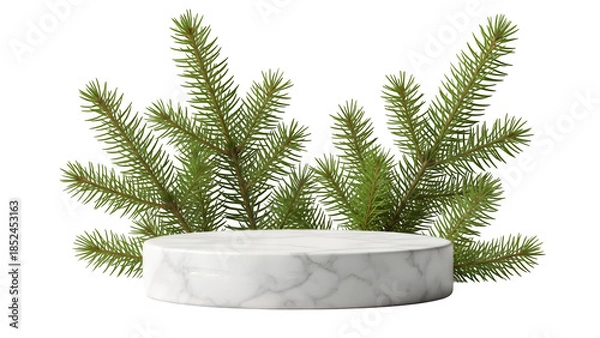 Fototapeta Marble podium with pine branches isolated on transparent background