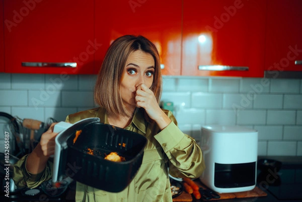 Obraz Woman Covering Her Nose Holding Dirty Air fryer Cooking Basket. Unhappy lady finding food residue that smells bad in her cooking appliance 