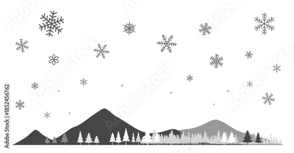 Obraz 雪の結晶と針葉樹と山のフレームイラスト　背景イラスト