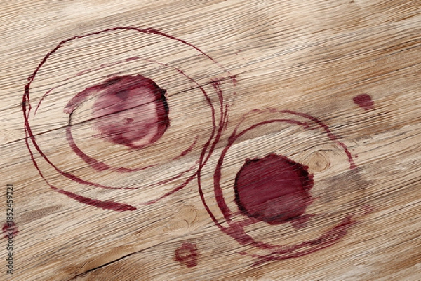 Fototapeta Red Wine Rings and Splashes on Rustic Light Oak Background