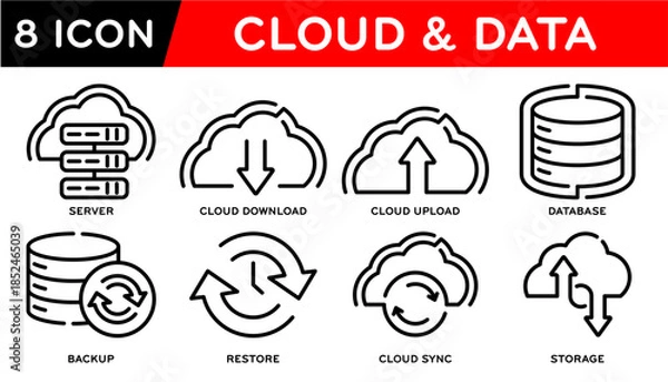 Obraz Cloud, data, Cloud upload, Cloud download, Server, Database, Backup, Restore, Sync, Storage. Vector illustration
