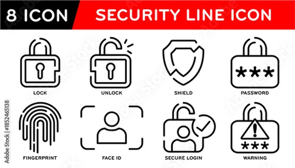 Obraz Security, Lock, Unlock, Shield, Password, Fingerprint, Face ID, Secure, login, Warning. Vector illustration