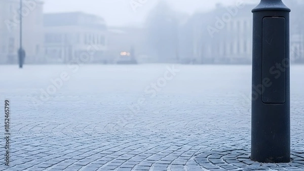 Obraz 霧の広場に立つ黒いボラード