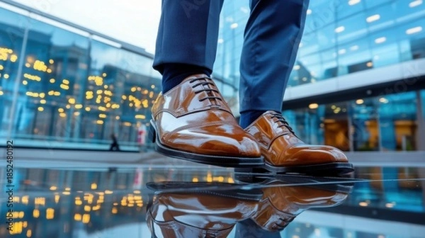 Fototapeta A man in a suit is standing in front of a building with his feet in a puddle of