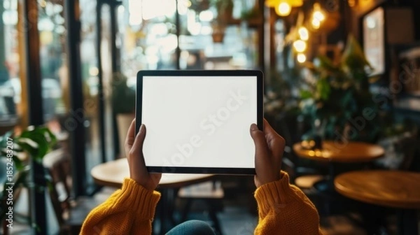 Obraz Blank Tablet Screen in Cozy Cafe.