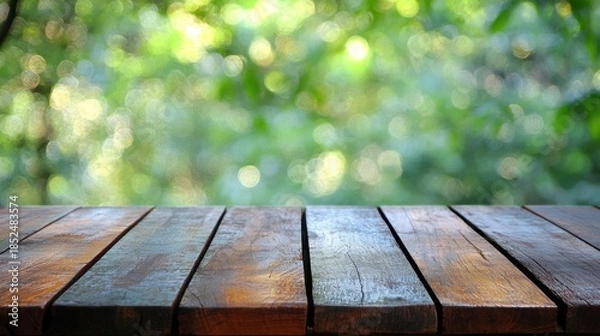 Obraz Rustic Wooden Table Green Bokeh Background.