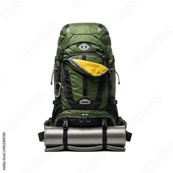 Obraz Green Hiking Backpack with Camping Gear Isolated on White Background