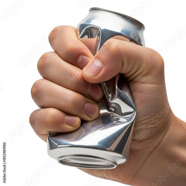 Obraz Person Crushing an Empty Aluminum Can Isolated on White Background