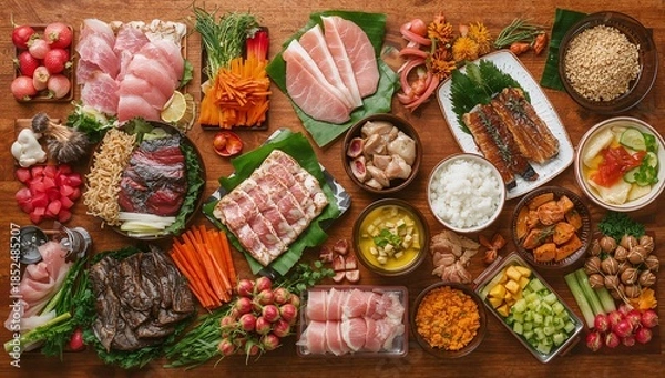 Fototapeta Asian Style Raw Meat Spread with Sliced Pork, Beef, Rice, and Assorted Vegetable Side Dishes