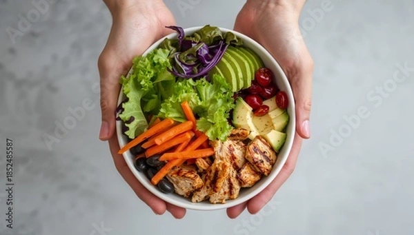 Fototapeta Person Holding a Healthy Chicken Salad Bowl with Avocado, Carrots, Lettuce, and Fresh Berries