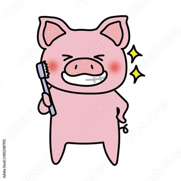 Fototapeta 歯磨き後に綺麗になった歯を見せるぶた