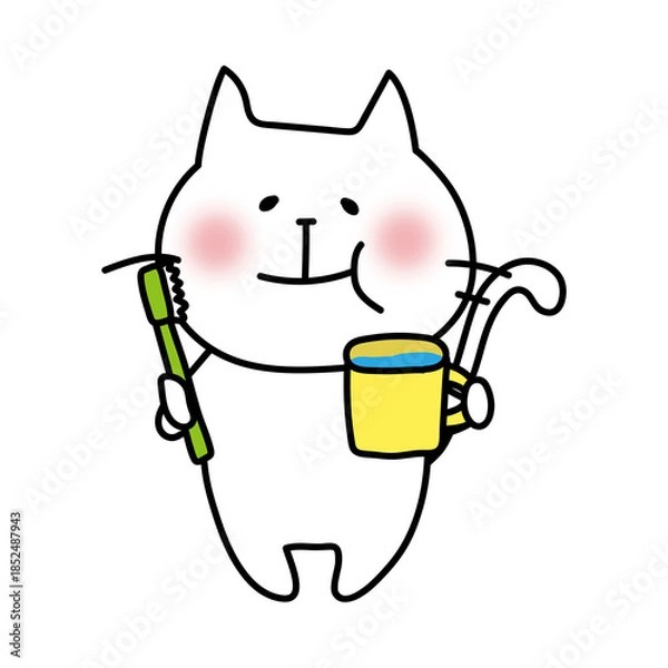 Fototapeta 歯磨きでうがいをする白い猫