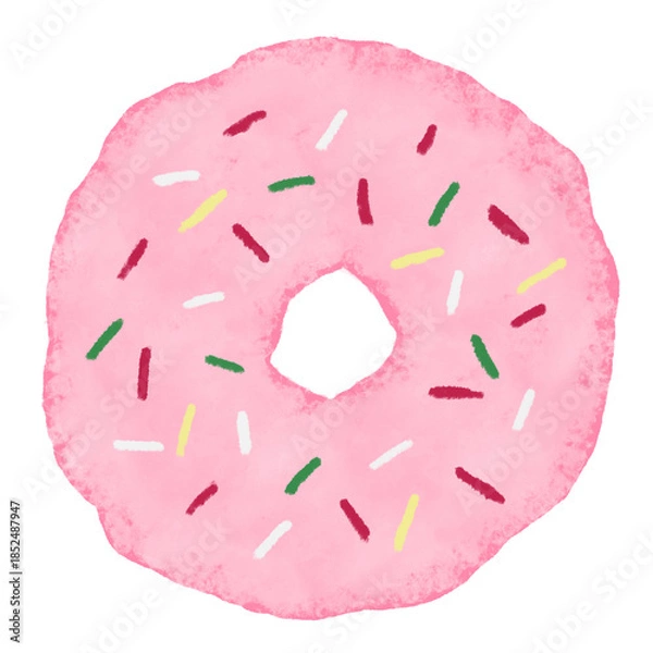 Obraz 水彩手描きのおやつイラスト。カラフルなスプリンクルのデコレーション付のピンクのチョコレートドーナツ