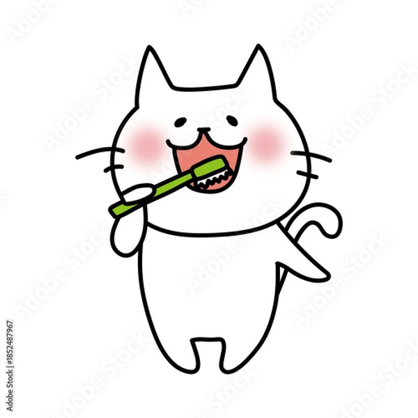 Fototapeta 歯磨きをする白い猫