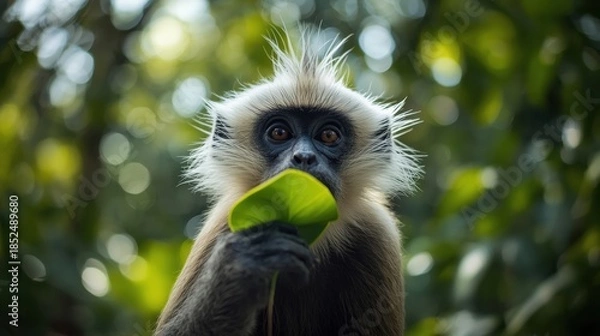 Fototapeta Curious monkey eating leaf