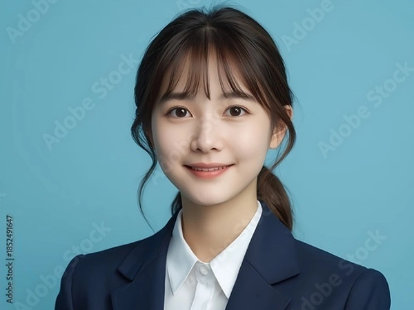 Obraz 青背景で微笑む若いアジア人女性のビジネスポートレート