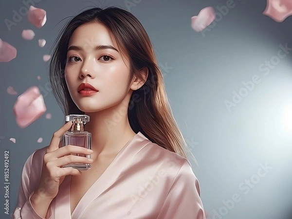 Obraz 花びらが舞う背景で香水を持つアジア人女性のビューティーポートレート