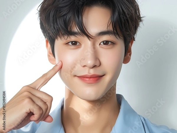 Obraz 肌を指さす清潔感のある若いアジア人男性のスキンケアイメージ