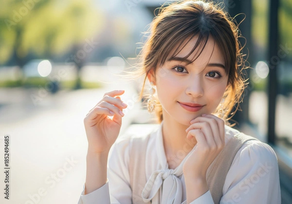 Obraz 仕事のお昼休みに外にいる、清涼感溢れる美人の女性の顔のアップ。