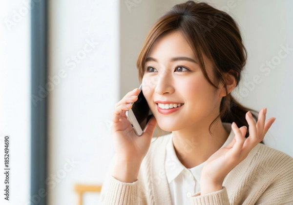 Obraz 嬉しそうなことがあって楽しく電話している女性