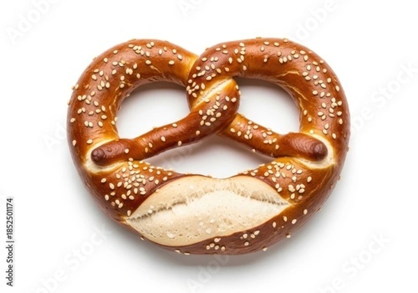 Fototapeta Freshly baked pretzel with salt crystals isolated on white background