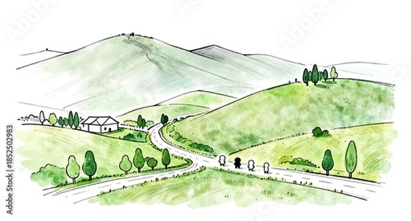 Obraz 自然に囲まれた丘の上の家と続く道ののどかな風景