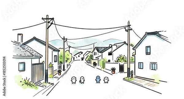 Obraz 日本の閑静な住宅街を散歩する可愛いキャラクターたちの風景
