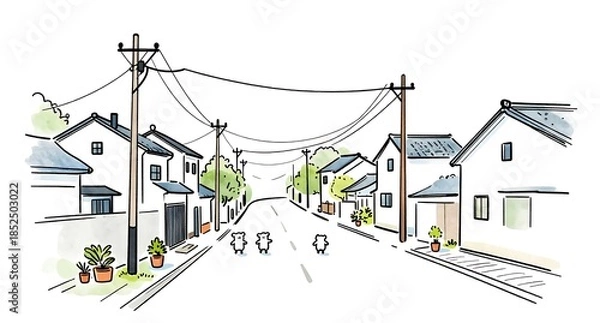 Obraz 日本の街並みを散策する可愛いキャラクターの風景