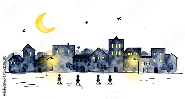 Obraz 三日月が輝く幻想的な夜の街並みと歩く人々の水彩風景