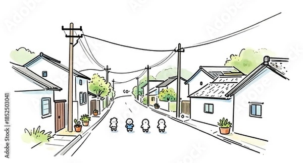 Obraz 電柱と家並みが続く日本の原風景とキャラクターの散歩シーン