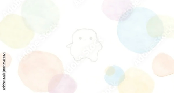 Obraz パステルカラーの水彩ドットと中央に浮かぶ可愛いキャラクターの背景