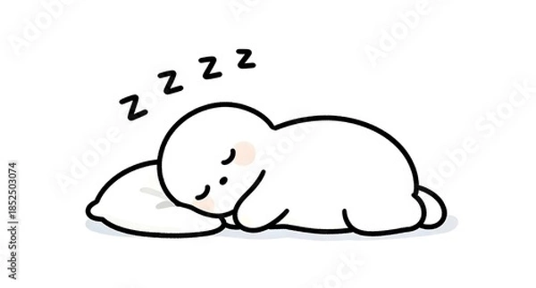 Obraz 枕でぐっすりと眠る白いキャラクターのシンプルで可愛いイラスト