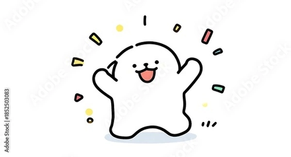 Obraz 紙吹雪の中で大喜びする白いキャラクターのお祝いイラスト
