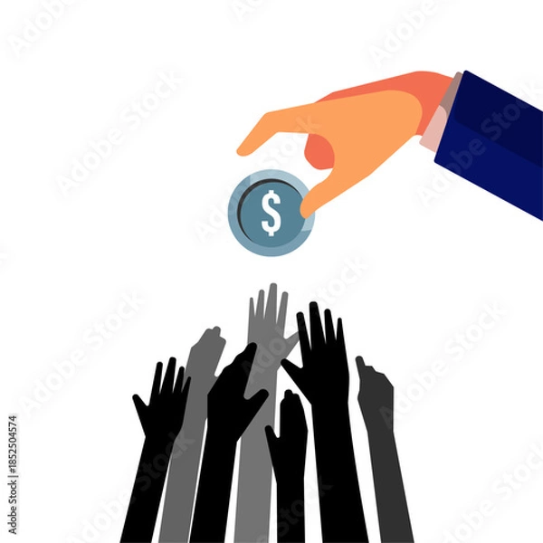Fototapeta illustration of hands reaching for coins handed down by businessperson. labor exploitation, low wages, economic inequality. cheap labor, power imbalance, income disparity, capitalism, social injustice