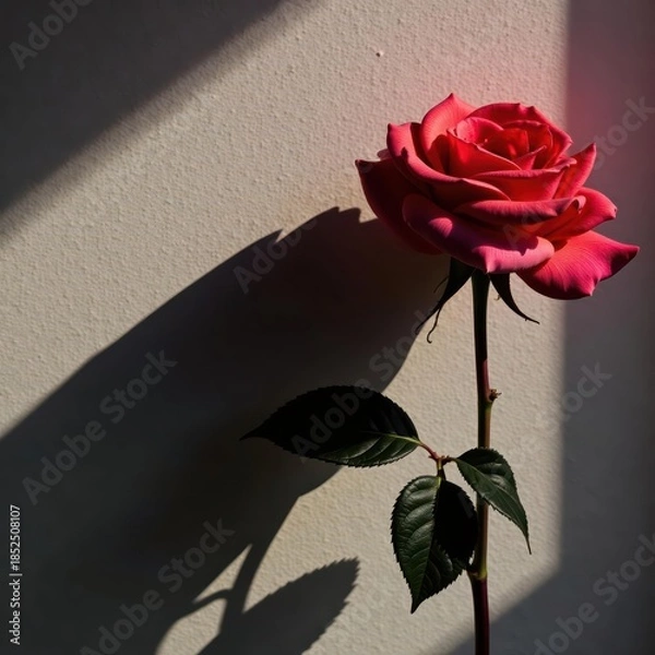 Fototapeta Crimson rose, dramatic shadow, deep background, dark, studio, passion