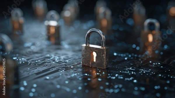 Obraz Padlocks securing a circuit board symbolizing digital data protection and privacy