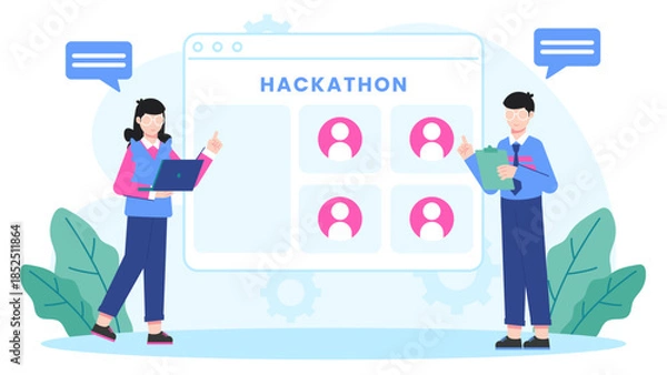 Obraz Corporate Team Conduction a Virtual Hackathon. Flat Vector Business Illustration