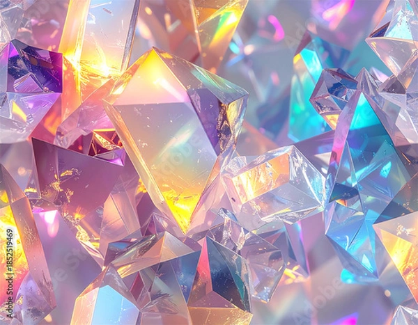 Fototapeta 虹色の光を反射する透明クリスタル結晶の抽象背景｜幻想的で高級感のある3Dガラスアート
