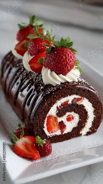 Fototapeta Chocolate Swiss Roll Cake with Strawberries