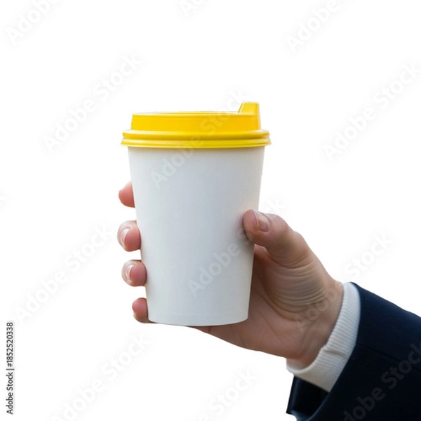 Obraz Hand Holding a White Coffee Cup with Yellow Lid Isolated on White Background