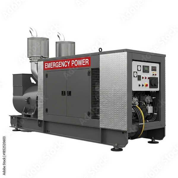 Obraz Emergency Power Generator with Label Isolated on White Background